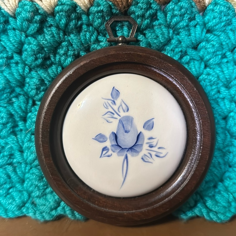 VTG handpainted porcelain blue rose hanging plaque